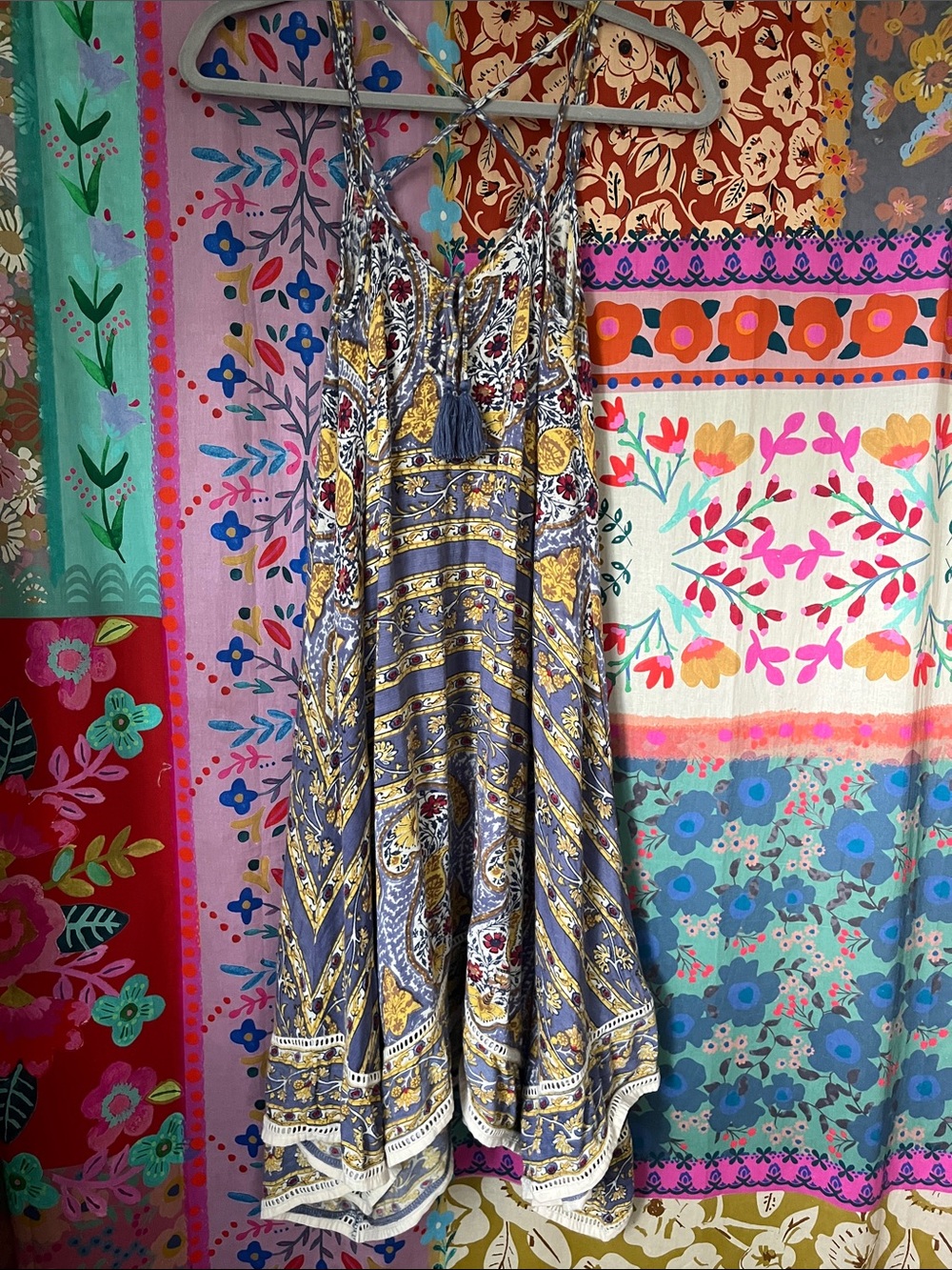 LUCKY BRAND Boho Handkerchief Cotton Blend Midi Dress in Blue & Gold Size XS - Picture 6 of 10